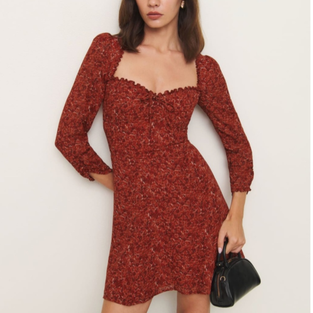 Reformation Remi Mini Dress - Roseanne Red Floral Long Sleeve Dress